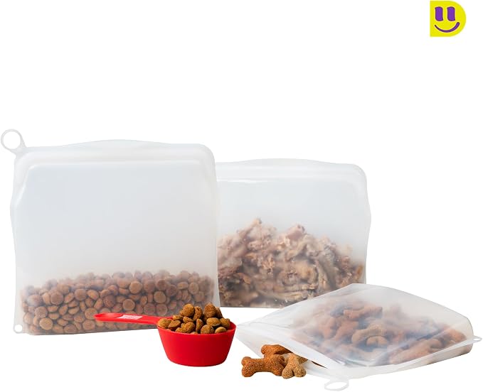 [3 Pack] Reusable Silicone Bags + Measuring Spoons Set - Large, Medium, Small Stand Up Food Storage - Leakproof, BPA Free, Dishwasher & Microwave Safe.