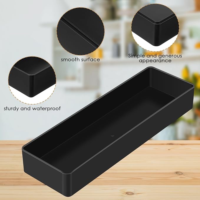 Teling 4 Pcs Black Plastic Desk Organizer Tray Shallow Drawer Pencil Tray Tabletop Organizer for Office, Home, or Study 9.45x2.95x1.38 Inch