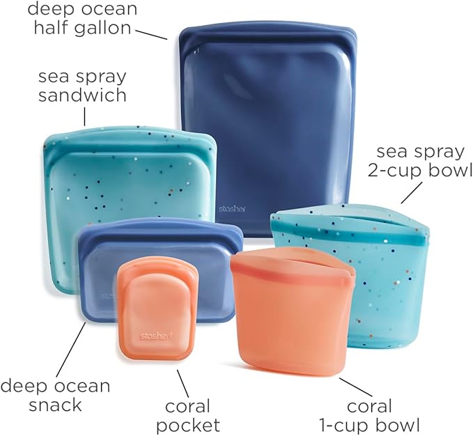 Stasher Premium Reusable Silicone Bags, 6-Pack Starter Kit, Sea Spray | Food-Safe Silicone, BPA-Free, Leak-Free, Eco-Friendly, Dishwasher, Lunch Bag, Travel Containers, Meal Prep, Food Storage
