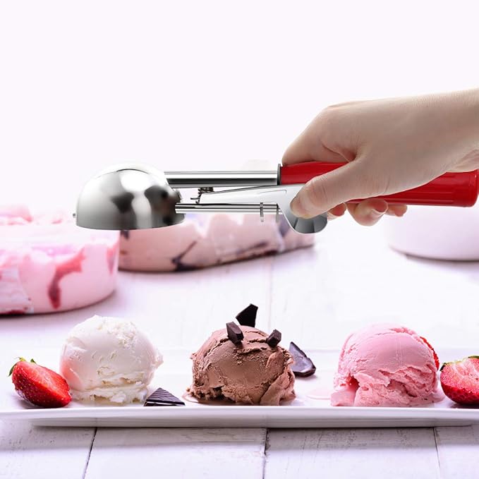 TOPKITCHEN Commercial-Grade Ice Cream Scoop 1.33 oz, 18/8 Stainless Steel Cookie Scoop with Plastic Handle, Portion Control Disher Scoop for Bakeries, Restaurants & Dessert Shops, #24, Red