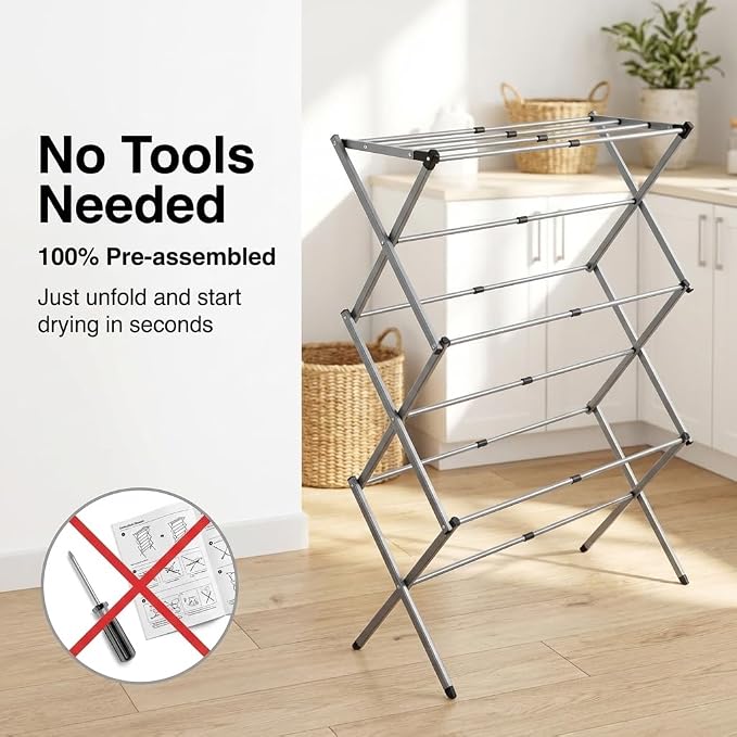 Drying Racks 3 Tier Expandable Clothes Airer Collapsible Clothes Drying Rack, Space-Saving Laundry, Hanging Clothes Indoors & Outdoors, Lightweight, Compact, Folds Away for Convenient Storage