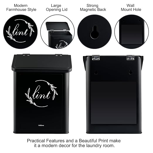 Magnetic Lint Bin for Laundry Room, Metal Lint Trash Can for Dryer | Metal construction, magnetic or wall-mounted, includes lint brush, flip lid, space-saving for laundry rooms, black finish