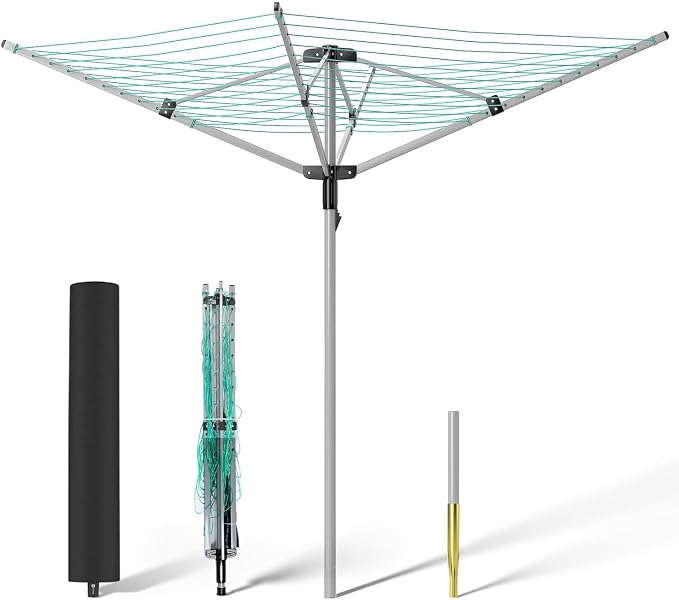 tonchean Adjustable Height Rotary 4-arm Clothesline Umbrella Drying Rack | Collapsible Clothes Drying Rack for Laundry Outdoors Dryer Collapsible Clothes Drying Rack | 12-Lines with 165ft. Clothesline