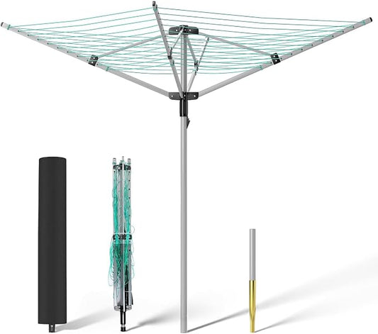 tonchean Adjustable Height Rotary 4-arm Clothesline Umbrella Drying Rack | Collapsible Clothes Drying Rack for Laundry Outdoors Dryer Collapsible Clothes Drying Rack | 12-Lines with 165ft. Clothesline