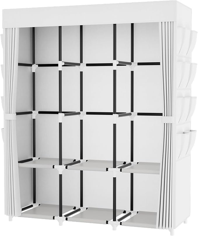 Portable Closet with Cover, 3 Hanging Rods and Side Pocket, Sturdy Free Standing Closet, White