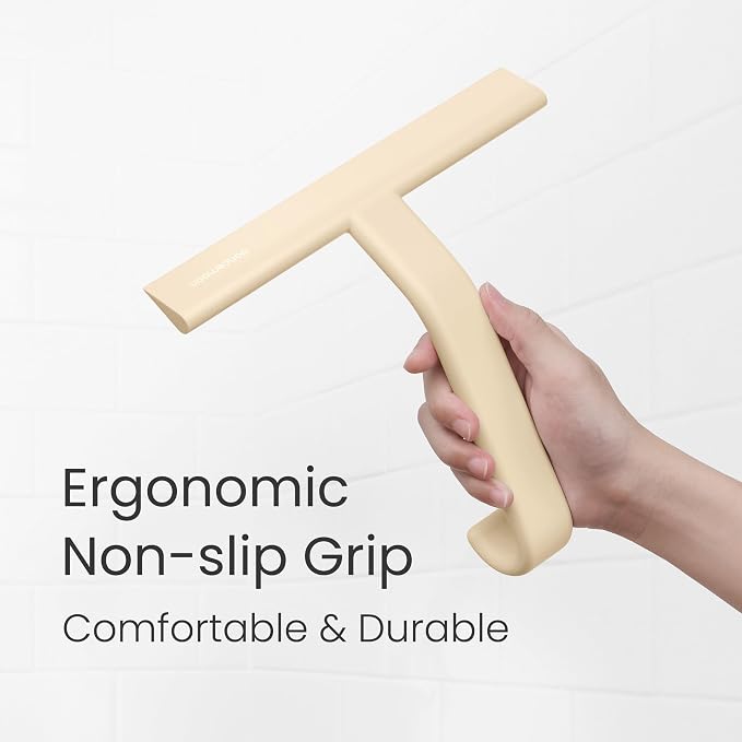 dancemoon JustHang Shower Squeegee for Glass Doors, All-One-Piece Award-Winning Silicone Squeegee with Built-in Hook for Bathroom, Window, Mirror, Tile Wall,Car, Streak-Free Cleaner,10-Inch Sand Beige