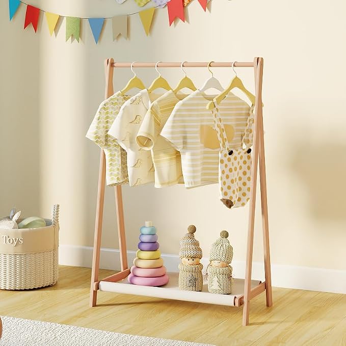 Kids Clothes Rack,Foldable Solid Wood Small Baby Clothes Rack with Bottom Storage Shelf,for Laundry Drying,Mini,Floor Standing,Portable(31.5" L)