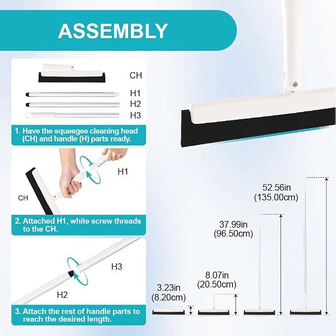 Japan-Designed Satto Floor Squeegee Kit with EVA Rubber Blade, Extendable Squeegee Broom (up to 52.56"), Water Broom for Concrete Floors, Bathroom, Window & Car Cleaning, Includes Disinfectant Wipes