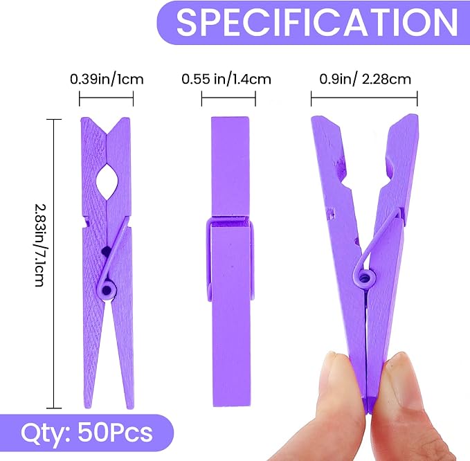 50PCS Colored Wooden Clothespins 2.9 Inch Color Clothes Pins for Pictures | Colorful Close Pins Wood for Photos Classroom School Decoration Craft Cheer, Purple