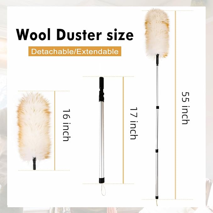 Lambswool Duster Extendable 31-55 Inch, Natural Electrostatic Feather Duster for Cleaning with Aluminum Extension Pole Reusable for High Ceilings, Fans, Blinds, Furniture, Interior & Roof Dusting