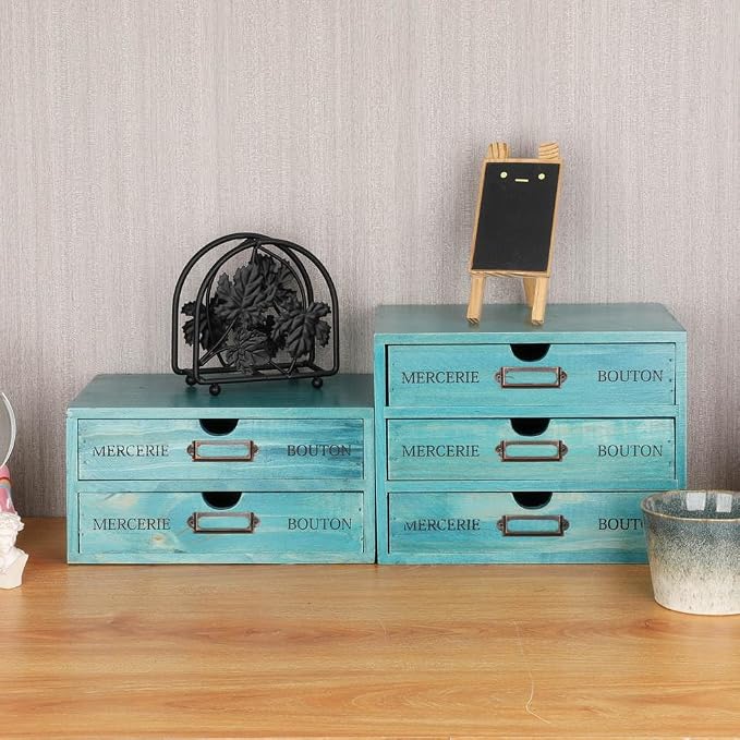 Small Wooden Drawers Wooden Box with Drawer Blue | 3 Drawer Storage Box for Apothecary Cabinet, Apothecary Drawers，Desktop Organizer with Metal Handles for Office，Home