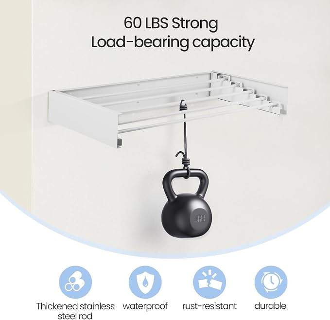 Wall Mounted Laundry Drying Rack, Carbon Steel Foldable & Retractable Clothes Drying Rack, Space Saving Adjustable Towel Holder for Bathroom, Laundry, Small Spaces (1, White, 50cm)