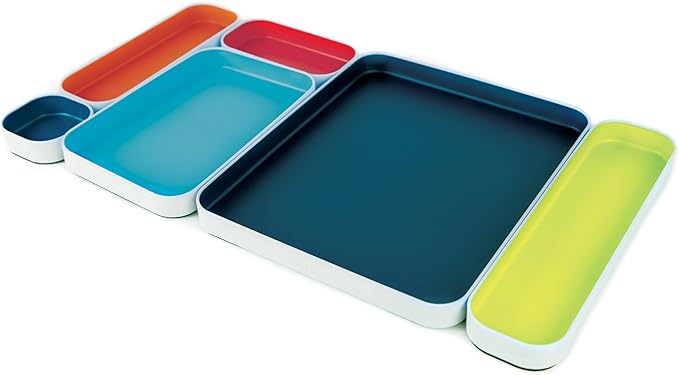 Three by Three Seattle Metal Drawer Organizer Tray Set, 6-Pc, 1" (Assorted) | Colorful food-safe metal bins; soft non-scratch base; kitchen, bathroom, vanity, desk, makeup & office drawers
