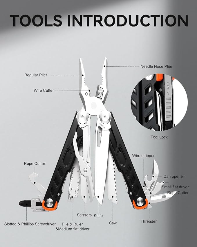 15-in-1 Multitool Pliers with Sheath, Stainless Steel, Black | Folding Multi Tool, Needle Nose Pliers & Wire Cutters, Knife, Saw, Screwdrivers, Bottle Opener, EDC Pocket Knife