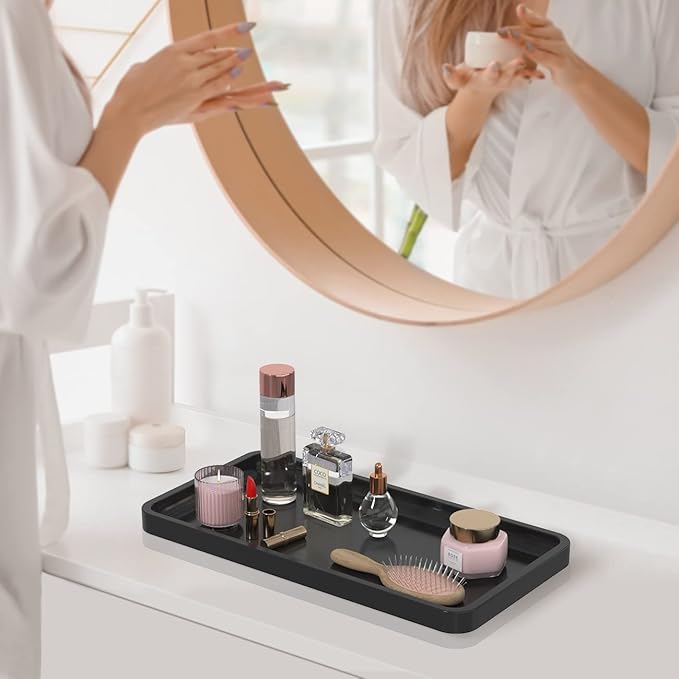 Bathroom Vanity Tray for Countertop - Bamboo Organizer Tray for Dresser Tops, Toilet, Perfume Small Decorative Wood Tray for Home Decoration 11.4” L x 6.1” W x 0.7” H (Black)