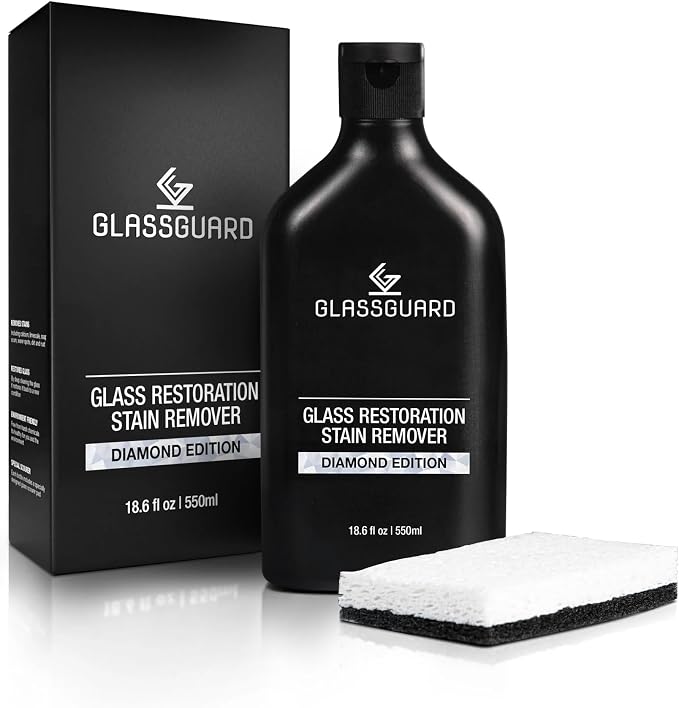 GlassGuard Glass Restoration Stain Remover to Clean Shower Doors | Glass Cleaner for Hard Water Stains, Water Spot, Soap Scum & Limescale | Tile & Bathtub Spot Cleaner with A Scouring Pad | 250ML