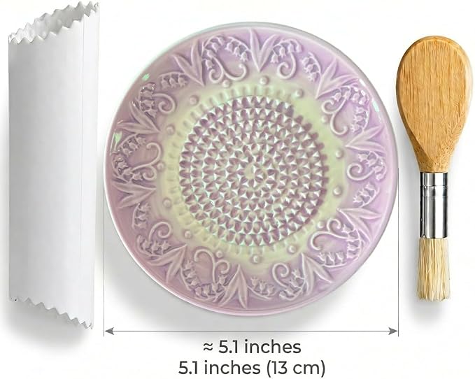 Handcrafted Ceramic Garlic Grater Plate 4-Pc Set, 5.12" Handmade Porcelain Grinding Dish with Wooden Boar Bristle Brush & Textured Silicone Peeler, Lavender Purple Embossed Lily