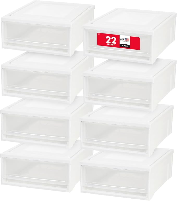 IRIS USA 22 Qt Under Bed Storage Drawer, Stackable Plastic Organizer Bin, Smooth-Glide Sliding Drawer, 8 Pack, White