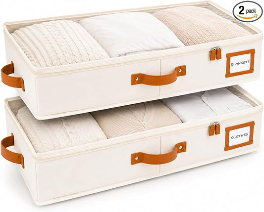 HOMELUX THEORY 2pc Under Bed Storage Containers, Bedroom Under the Bed Drawer Storage Organizer with Bins and Lids, Large Underbed Clothes Storage Box Ideal for Blanket, Fabric, & Shoes (Ivory)