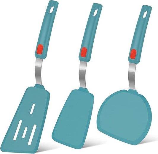 Beijiyi Silicone Spatula Turner Set of 3, 600°F Heat Resistant Nonstick Turner Spatulas for Kitchen Use, Large Flexible Silicone Cooking Utensils Rubber Spatula Set for Egg, Pancake, Fish (Blue)