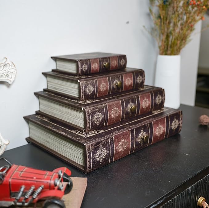 Vintage Decorative Book Storage Box with Drawer, Distressed Dark Brown Faux Leather Finish with Ornate Pattern, Hidden Keepsake Case for Desk or Bookshelf Display 7″ x 5″ x 1.6″