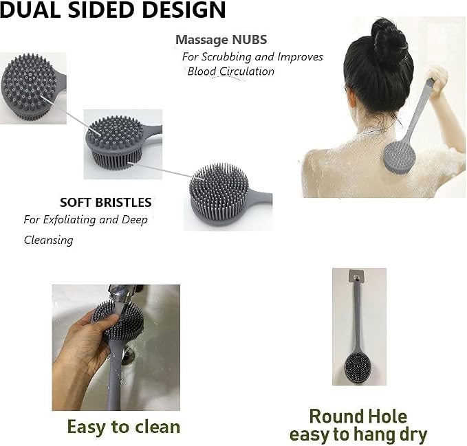 Long Handle Silicone Body Scrubber for Shower, Dual-Sided Back Scrubber Brush with Soft Bristles&Massage Nodes, Exfoliating Bath Brush for Hard to Reach Areas, Easy to Clean & Quick Dry, for Daily Use