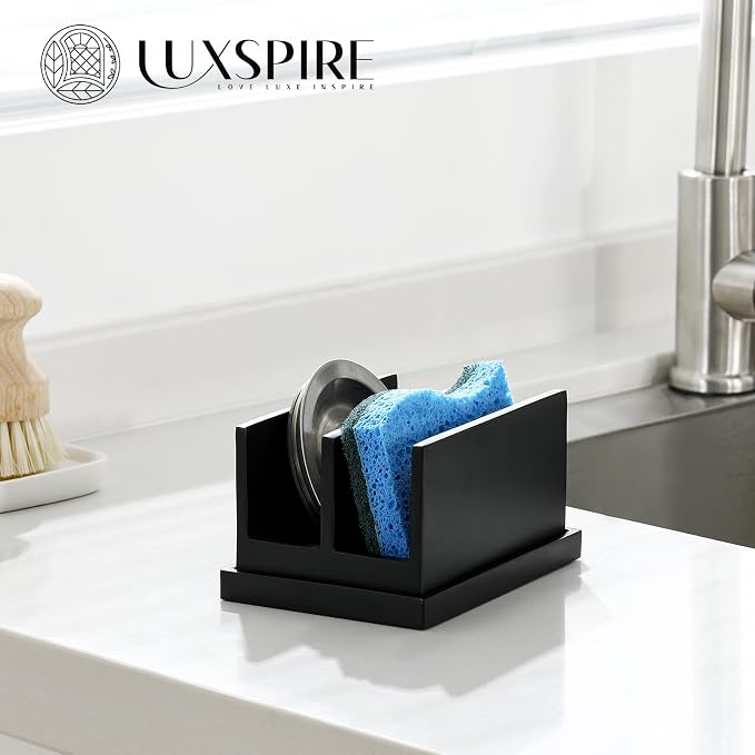 Luxspire Kitchen Sponge Holder for Sink, Dish Sponge Holder with 2 Compartments, Sponge Caddy for Kitchen Sink Counter, Sponge Holder with Drain Tray, Matte Black