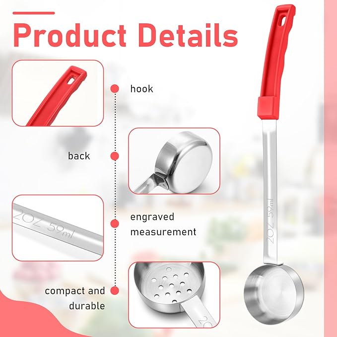 Teenyyou 16 Pcs Portion Control Serving Spoons, Restaurant Measuring Serving Ladle Utensils, Portion Control Slotted Scoops for Weight Loss, Solid and Perforated Scoops(Red,2 oz)