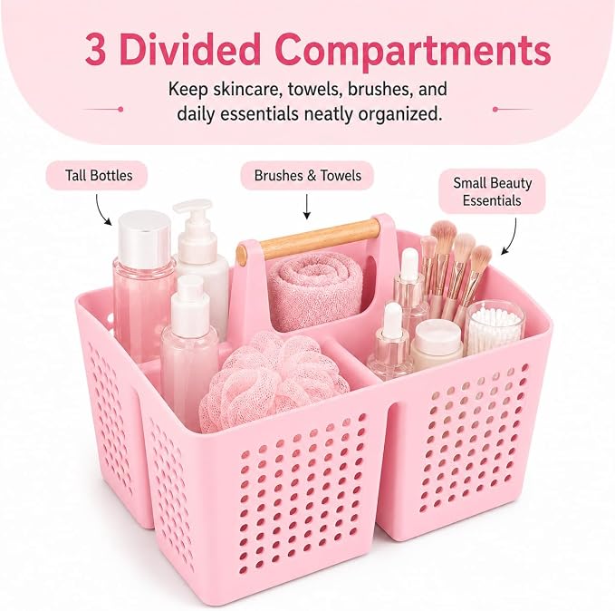 Portable Shower Caddy Basket with Wood Handle, 3-Compartment Bathroom Organizer Tote with Drain Holes, Plastic Shower Basket for Dorm, Toiletries, Cleaning Supplies, Candy Pink
