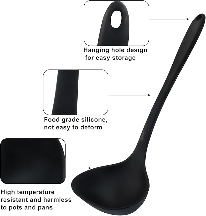 Jiozermi Silicone Soup Ladle, 12-Inch Long Handle Ladle Spoon, Heat Resistant up to 600°F, Nonstick & Seamless Design for Easy Cooking and Serving, Durable and Easy to Clean
