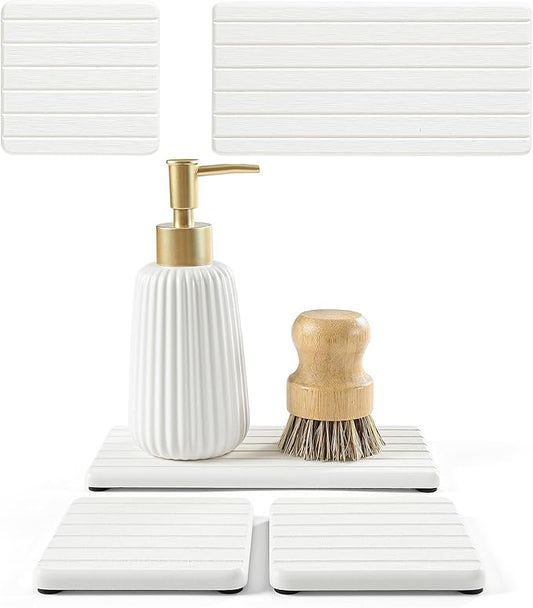 Fast Water Absorption Sink Organizer Tray Set, 3-Pack Compact and Space-Saving Stone Soap Holder Caddy for Kitchen & Bathroom Counter, Faucet Splash Guard, White (1pc of 8"x3.8" + 2pcs of 3.8"x3.8")