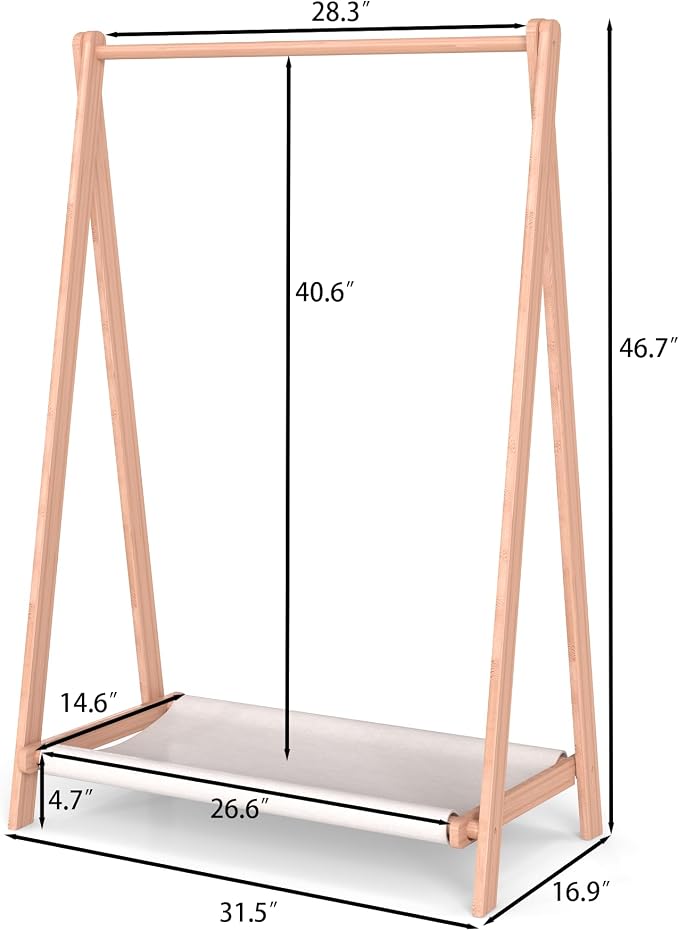 Kids Clothes Rack,Foldable Solid Wood Small Baby Clothes Rack with Bottom Storage Shelf,for Laundry Drying,Mini,Floor Standing,Portable(31.5" L)