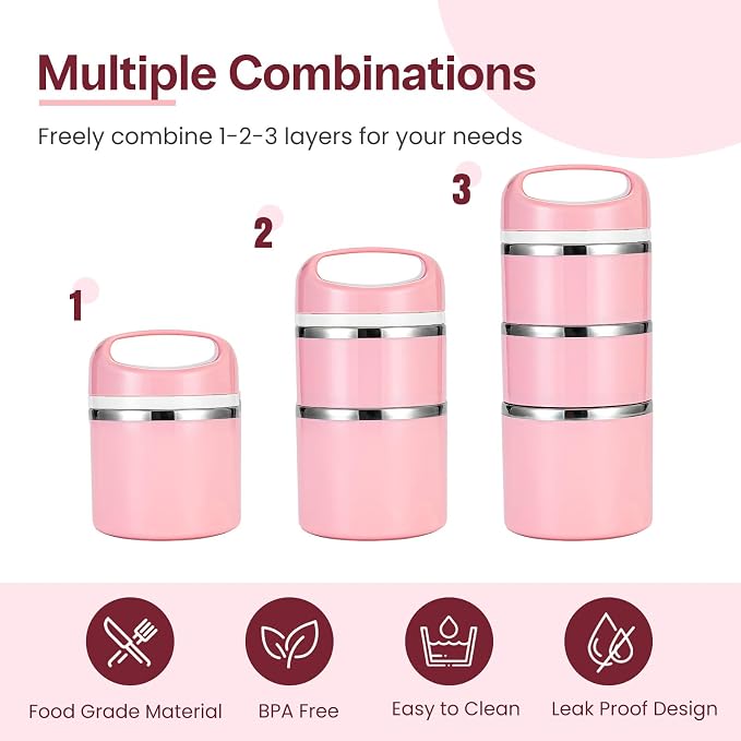 Lille Home Stackable Stainless Steel Thermal Compartment Lunch/Snack Box, 3-Tier Insulated Bento/Food Container with Lunch Bag and Three Extra Seals, 43OZ (Pink)