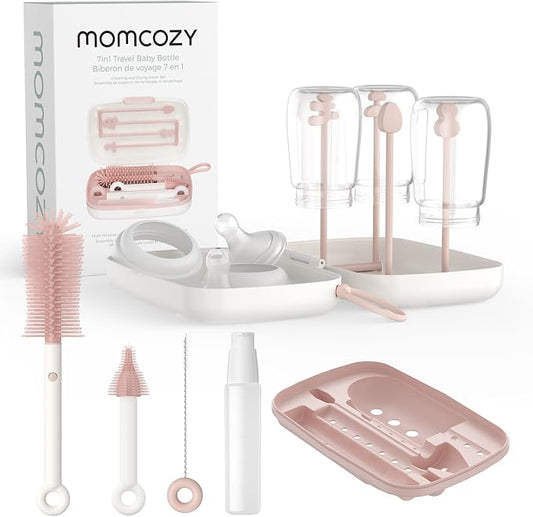 Momcozy 7-in-1 Baby Bottle Cleaner Kit with Silicone, Nipple & Straw Brushes, Soap Dispenser and Drying Rack - Portable Cleaning Tool for Home and Travel, Pink