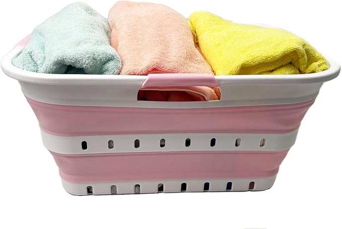 SAMMART 42 (11 Gallons) Collapsible Plastic Laundry Basket, Foldable Pop Up Storage Container/Organizer, Space Saving Hamper, Portable Bin for Dorm Room Bathroom (1, White/Cherry Pink)