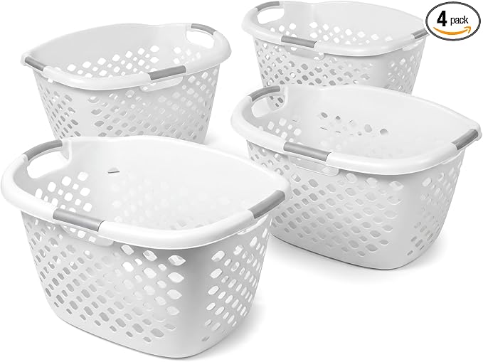 Home Logic 1.75 Bushel Plastic Laundry Basket with Hip Grip, Large Laundry Hamper with Handles, Ventilated Clothes Organizer for Bedroom Bathroom Closet, 4 Pack, White