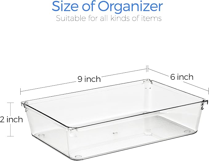 Ravinte 6 Pack Drawer Organizer - 6" X 9" Plastic Storage Bins, Acrylic Organizers with Non-Slip Pads Clear Desk Storage Tray for Makeup, Jewelries, Kitchen Utensils, Bathroom and Office | Acrylic Tray Design, Non-Slip Pads, For Makeup, Jewelry, Kitche...