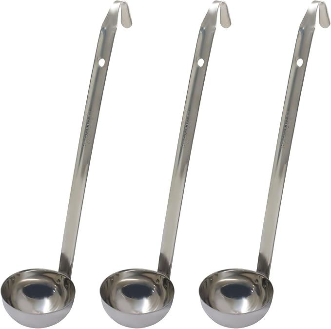 Hitefu 3 Pcs Stainless Steel Soup Ladle Set with Pouring Rim & Long Hooked Handles for Cooking, Serving Soup, Sauce, Stews (3 oz)