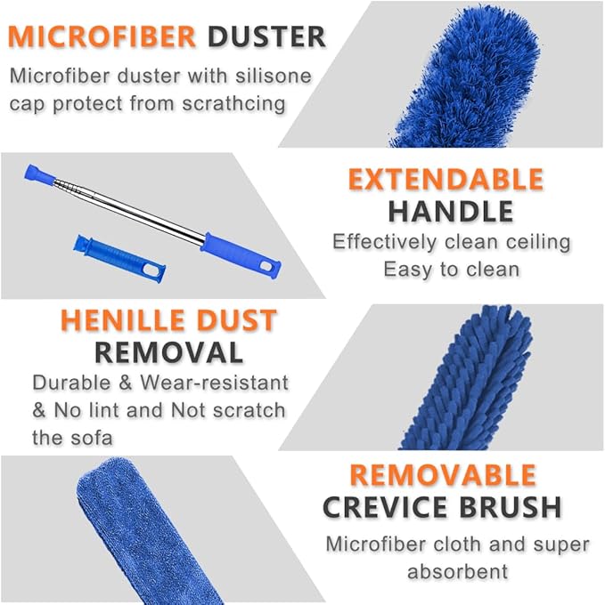Bendable Microfiber Duster, Dusters for Cleaning Extendable(6PCS) | 100 Inch Telescopic Pole, Washable & Reusable, Stainless Steel Extension Pole, for High Ceiling, Fan, Blinds & Furniture