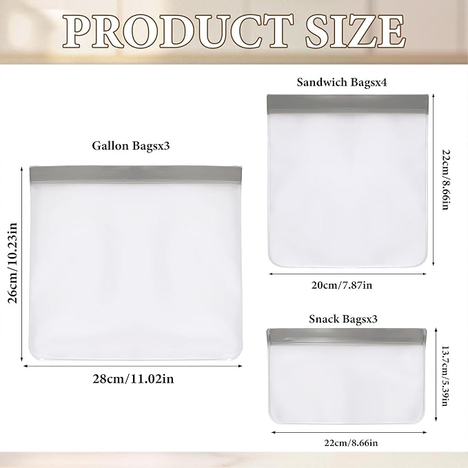 10 Pack Reusable Silicone Storage Bags Thick Leakproof Reusable Freezer Bag Dishwasher Safe Bag for Salad Fruit Snack Travel 3 Gallon 4 Sandwich 3 Snack Bags