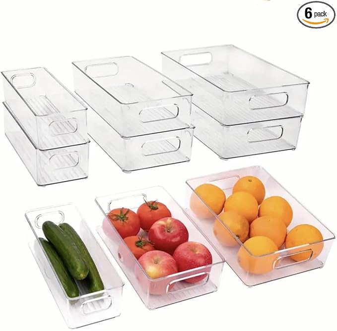 6 Pack Refrigerator Organizer Bins,3 Sizes Stackable Clear Pantry Storage with Handles for Fridge, Freezer, Shelves, Drawer, Snack Organizer for Home & Kitchen