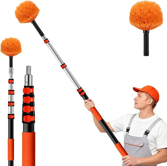 26ft High Reach Cobweb Duster with 20ft Extra Long Extension Pole | Washable Telescoping Spider Web Brush for High Ceilings, Vaulted Ceilings, Churches & Eaves, Indoor/Outdoor Cobweb Cleaner