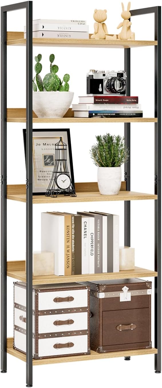 NUMENN Bookshelf, 5 Tier Bookshelves, Home Office Bookcase Shelf Storage Organizer, Free Standing Storage Shelving Unit for Bedroom, Living Room and Home Office, Natural | Metal Frame & Wood Shelves, Falling Prevention Baffle, Open Storage Bookcase for...
