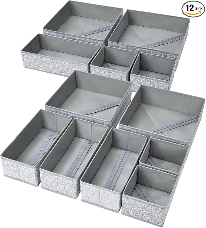 DIMJ Drawer Organizers - 12 Pack Foldable Closet & Sock Organizers, Fabric Dresser Drawer Dividers for Clothes, Underwear, Bras, Socks