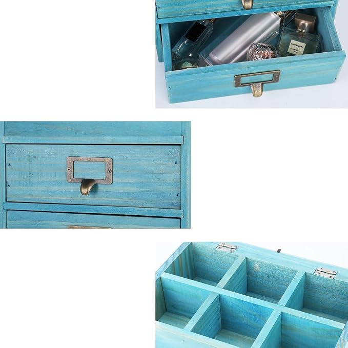 Small Wooden Drawers Wooden Box with Drawer Blue | 2 Drawer Storage Box for Apothecary Cabinet, Apothecary Drawers，Desktop Organizer with Metal Handles for Office，Home