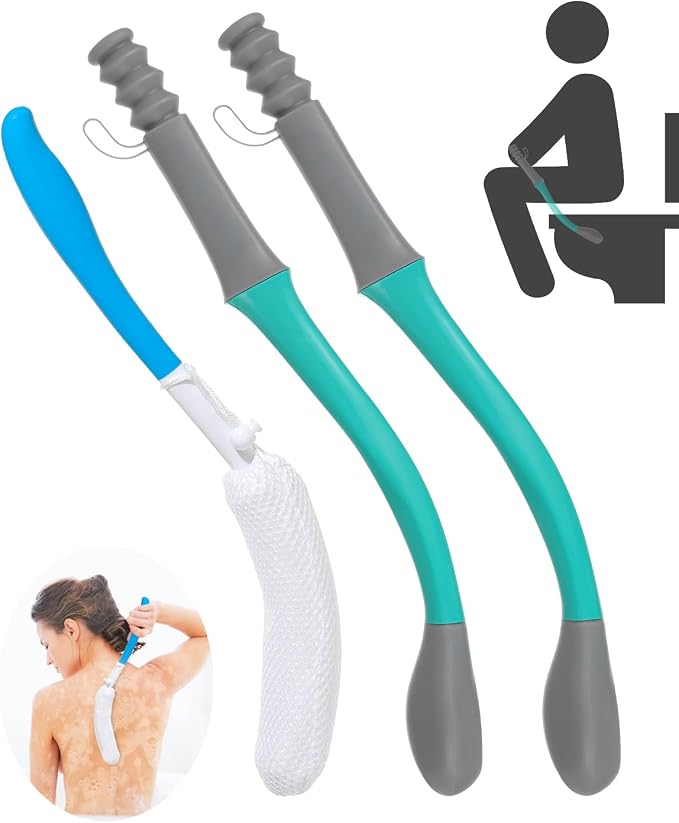 Extended Reach Butt Wiper Set - Includes 2 Toilet Aids for Wiping Tool and Butt Cleaner Bath Brush Long Handle - Bottom Buddy Wiping Aid for Disabled,Elderly,Pregnant（3 Pack）