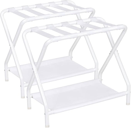AMHANCIBLE Luggage Rack, Set of 2, Foldable Suitcase Stands for Guest Room | Metal Luggage Holder with Storage Shelf for Bedroom, Hotel, Easy Assemble, White