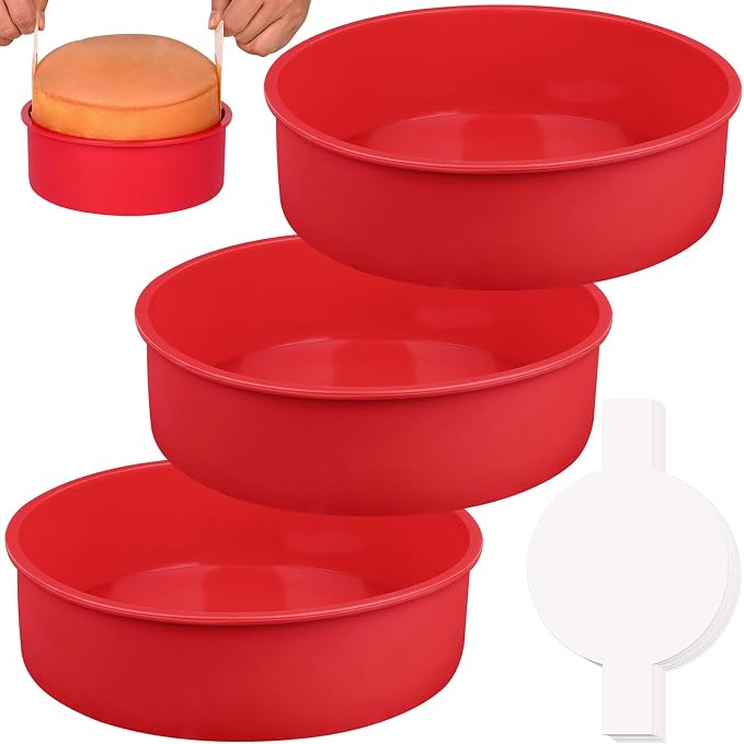 HUAKENER 10 Inch Round Cake Pan, 3 Pack Silicone Cake Molds with 100 Pieces Parchment Paper, Nonstick Cake Molds for Birthday Cakes, Layer Cakes, Cheese Caks, Chocolate Cakes