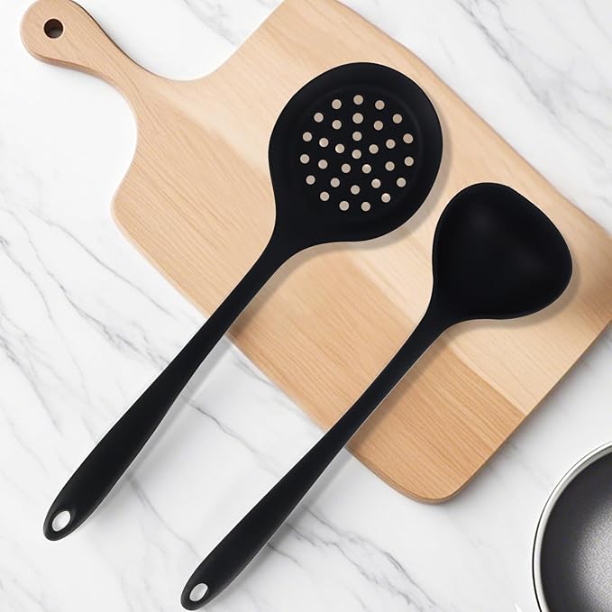 Jiozermi Silicone Soup Ladle and Slotted Spoon Set of 2, Heat Resistant Utensils for Cooking, Stirring, Serving, and Draining, Durable and Easy to Clean, Durable and Easy to Clean