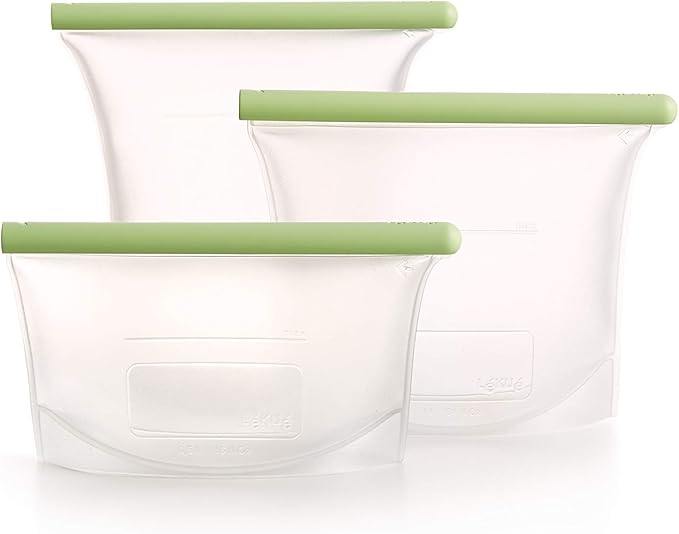 Lekue Reusable Silicone Bags (Set of 3) - Airtight Food Storage - Includes 16 oz, 34 oz, 50 oz Sizes - 100% Platinum Silicone for Leak-Proof Food Preservation - Microwave & Dishwasher Safe